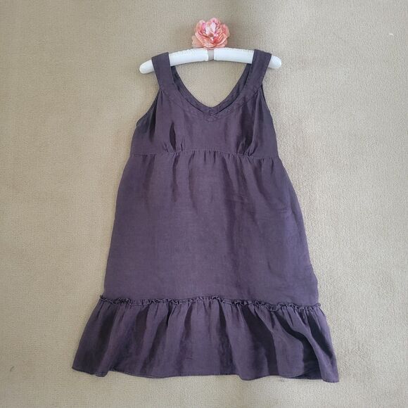Sleeveless V-Neck Brown Ruffled Linen Dress ~ XL - Picture 2 of 7